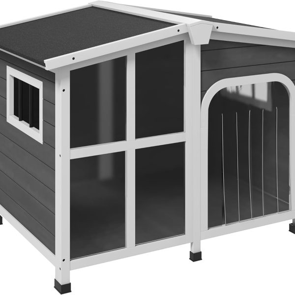 Cabin-Style Wooden Dog House for Large Dogs Outside with Openable Roof & Giant Window, Big Dog House Outdoor & Indoor, Asphalt Roof, Gray